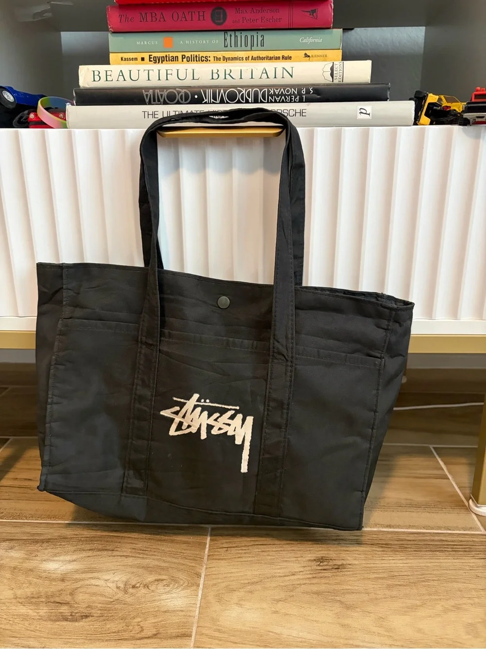 Stussy Stock Logo Canvas Tote Bag Black Utility Shoulder Bag Pocket Snap Closure